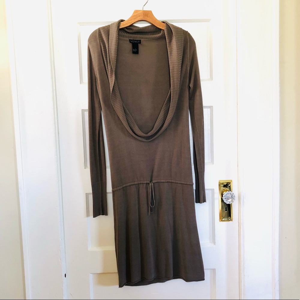 Long sleeve cowl neck sweater dress.